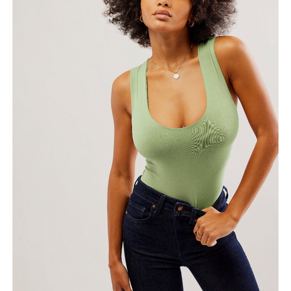 Free People Sage Green Scoop Neck Ribbed Tank Bodysuit